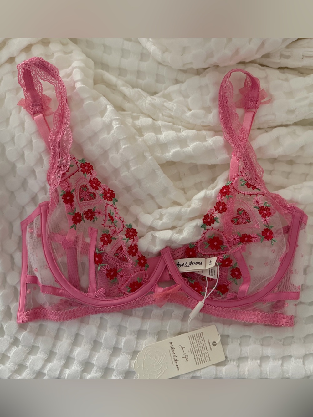 For Love And Lemons Pink Sheer Floral Embroidered Underwire Bra
